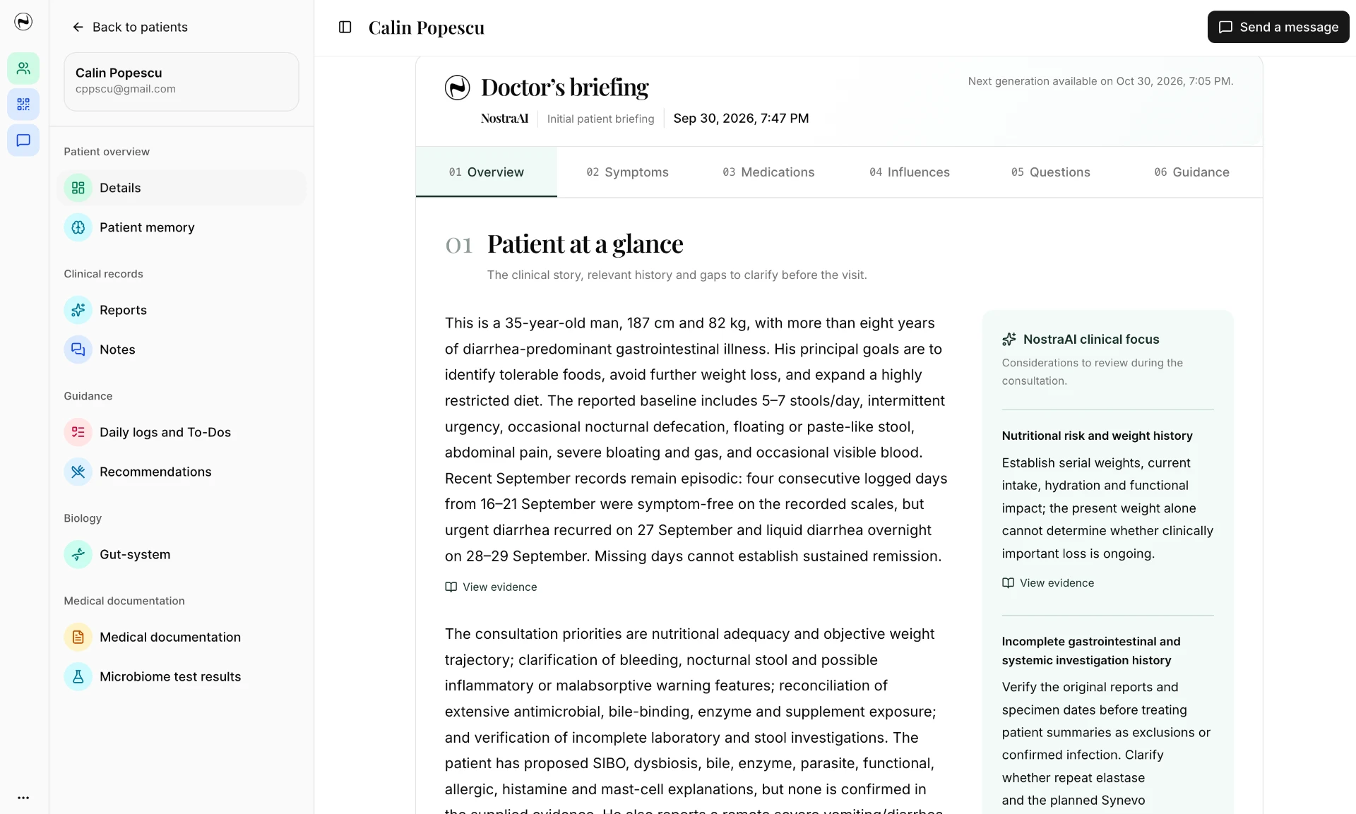 NostraAI clinician dashboard — member snapshot and doctor's briefing