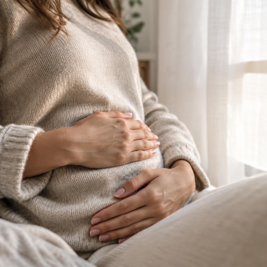 Woman resting her hands on her abdomen in warm window light